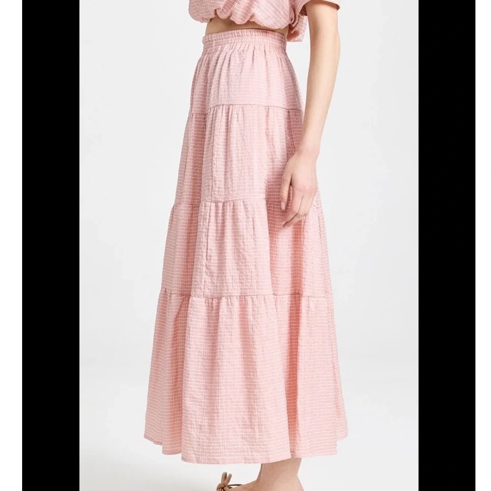 EN SAISON |‎ Peach Pink Sparkle Tiered Boho Feminine Stripe Midi Skirt, Size S
